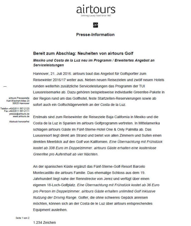 Neuheiten von airtours golf Neuheiten von airtours golf