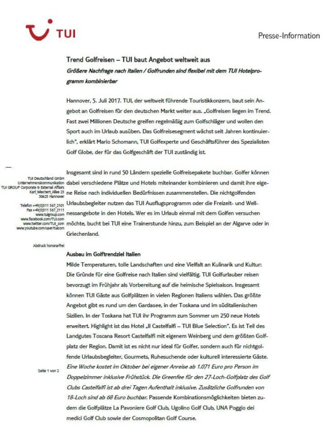 Pressemitteilung Trend Golfreisen Pressemitteilung Trend Golfreisen